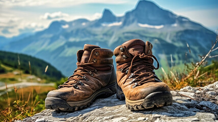 hiking boots with mountain scenery in the mountains. Generative Ai