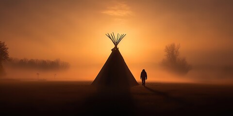 AI Generated. AI Generative. Native american western camping indian tent wigwam. Lonely fog mist mystic morning vibe. Graphic Art