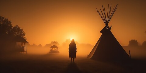 AI Generated. AI Generative. Native american western camping indian tent wigwam. Lonely fog mist mystic morning vibe. Graphic Art