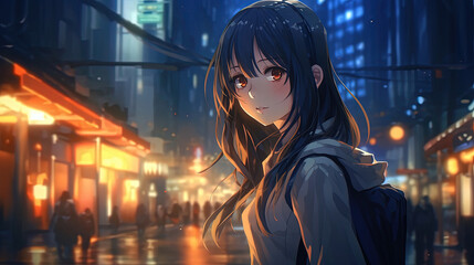 Anime girl with a cityscape background