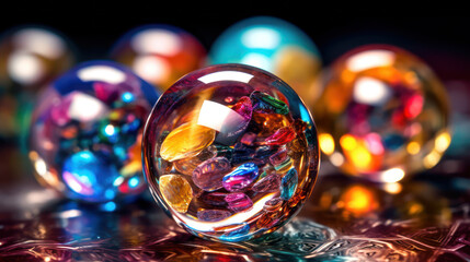 Celestial Marvels: A Captivating Super Macro Close-Up of Mega Crystal Galaxy Marbles. Generative AI