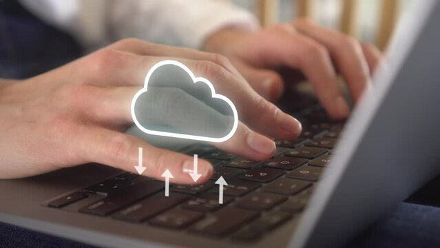 Closeup of woman working on laptop at home with data being synchronized to online storage and IOT network connectivity for devices. Blockchain, Cloud storage, Data center analytics, AI concept