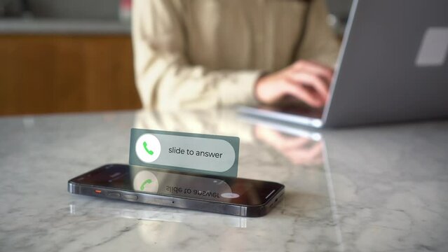 Receiving a phone call on mobile smart phone, animated icon with woman working on her laptop at background. Telecommunication phone call concept