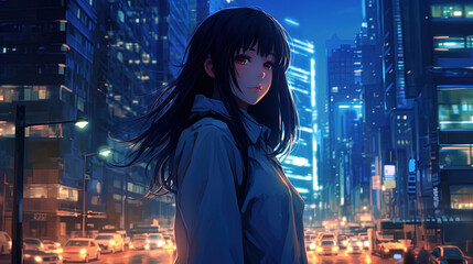 Anime girl with a cityscape background