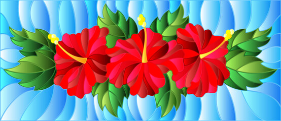 Stained glass illustration with red hibiscus flowers and leaves on a blue background