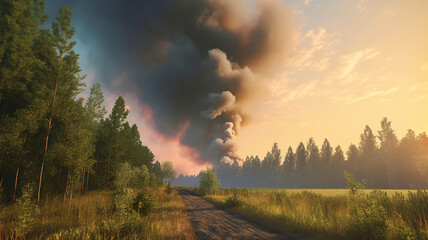 Countryside forest with cloudy sky covered by fire smoke during the evening. Generative Ai