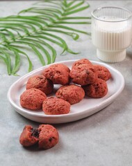 red velvet soft cookies serve on a white plate