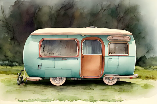 Watercolor image of a vintage camper. (AI-generated fictional illustration)
