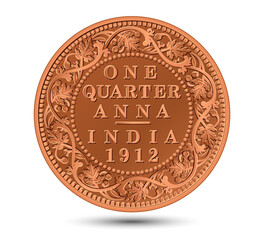 One quarter anna indian antique coin 1912 on a white background. Isolated in vector illustration.