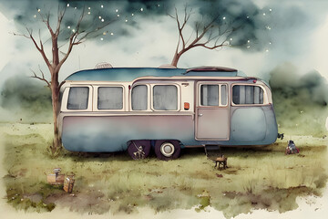 Watercolor image of a vintage camper. (AI-generated fictional illustration)
