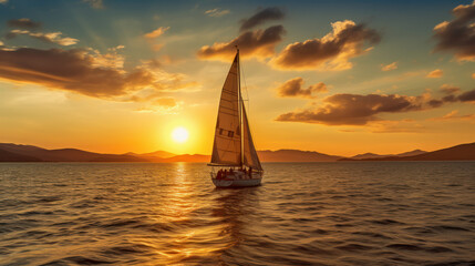 Fototapeta premium Golden Sails: A Timeless Encounter of Sailing Yacht and Sunset. Generative AI