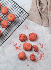 red velvet soft cookies serve on a tray