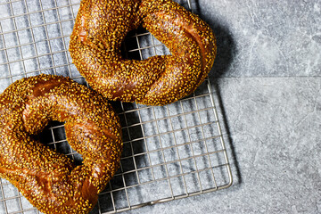 Traditional turkish breakfast with simit bagels on grill