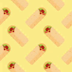 shawarma kebab seamless pattern vector illustration. Arabic eastern toasty doner kebab meal. Shaurma or burrito business emblem flat vector illustration