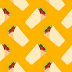 shawarma kebab seamless pattern vector illustration. Arabic eastern toasty doner kebab meal. Shaurma or burrito business emblem flat vector illustration