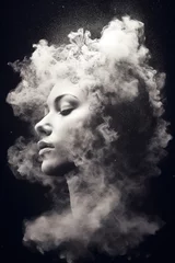 Foto auf Acrylglas Woman in the clouds of smoke and dust. Stunning photorealistic portrait. Generative art © Cheport