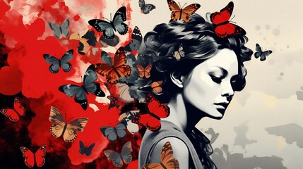Young beautiful woman with butterflies, high contrast design. Generative AI.
