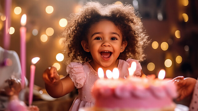African curly girl in pink rejoices with a birthday cake. Burning candles in a cake. Generative AI technology