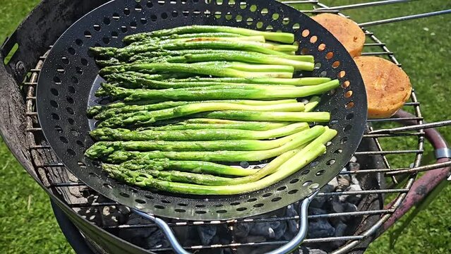 grilled asparagus in a grill pan and grilled cheese
