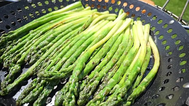 grilled asparagus in a grill pan and grilled cheese