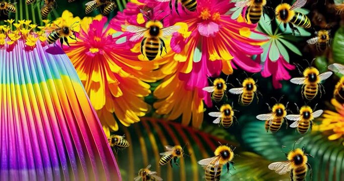 Rain forest Flowers And Buzzing Bumble Bees Generative AI Animation