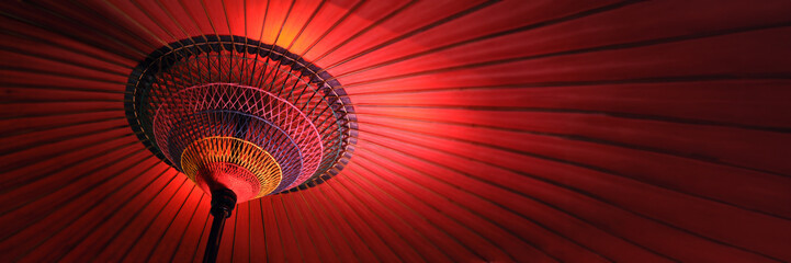 Wagasa, red japanese traditional umbrella panoramic abstract background, Japan header