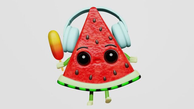 Cool dancing watermelon earphones listening to music popsicle ice cream 3D character animation loop creative motion graphics Summer fun 4K. Fresh juicy fruit rhythmic dance movings Party screen saver.