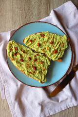 Turquoise plate with two pieces of avocado toast on wooden table. Top view.