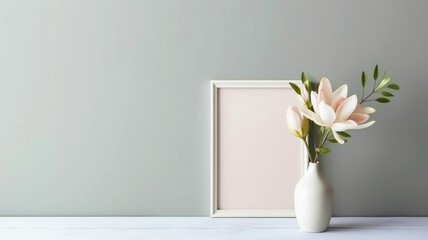 white blank frame with simple flower in solid background in flat lays style art generative ai