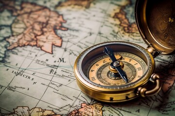 Fototapeta na wymiar Vintage Old Compass on World Map, Generative Ai