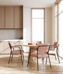 Dining area in modern wooden kitchen, table and pink chair near window, 3d rendering
