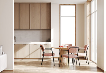 Dining area in modern wooden kitchen, table and pink chair near window, 3d rendering