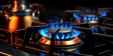 Gas flame, stove top cooker blue orange fire in the dark, copy space