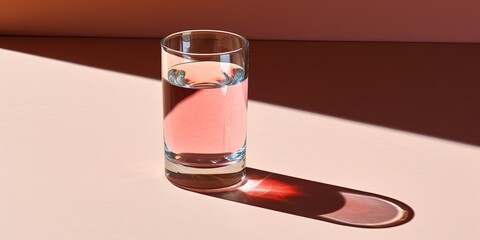 Glass of water on pink, sunlight and shadow, copy space