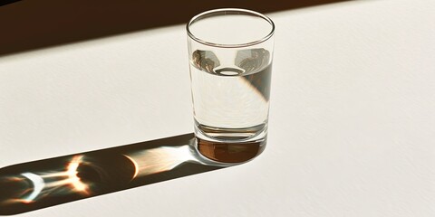Glass of water on white table in sunlight casting shadow