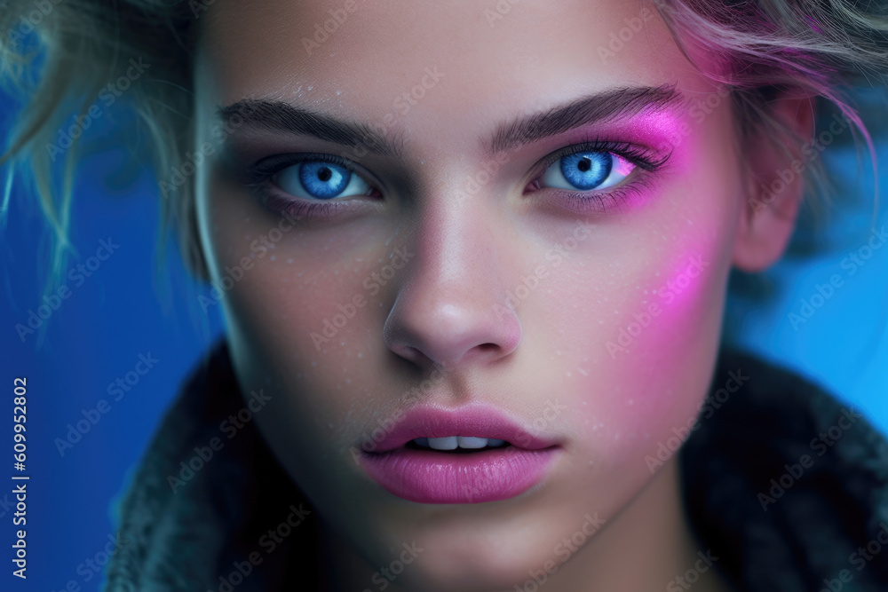 Poster a captivating visage of cobalt eyes rosetinted lips and a dusting of pixielike features.. ai generat