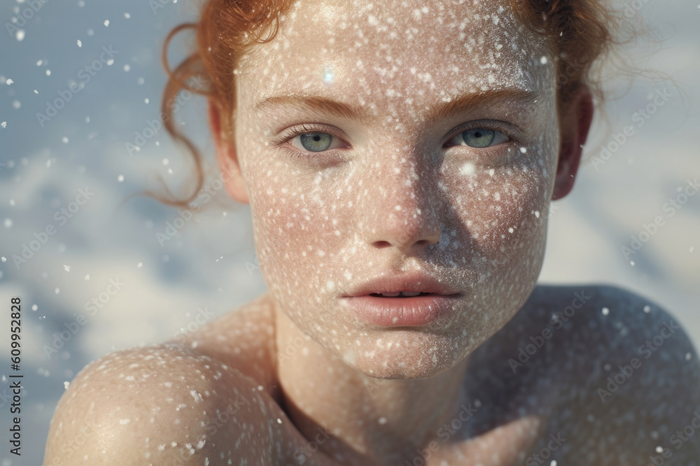 Poster glittering freckles sparkled against the alabaster complexion like distant galaxies.. ai generation