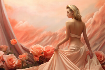 A dreamy landscape of whispered textures flad with peach and rose.. AI generation