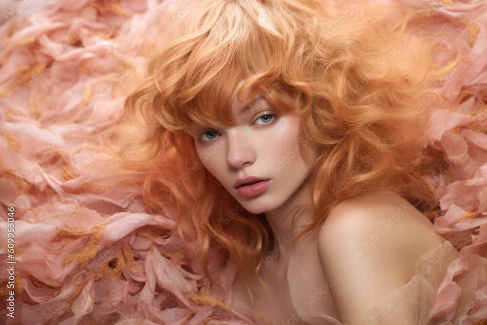 Poster swept sand of caramel hues topped with a splash of blush framed by a fringe of golden curls.. ai gen