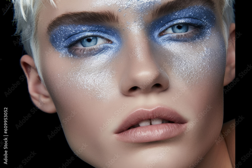 Poster a captivating visage of cobalt eyes rosetinted lips and a dusting of pixielike features.. ai generat