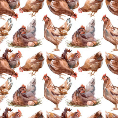 Detailed colorful hens watercolor seamless background pattern