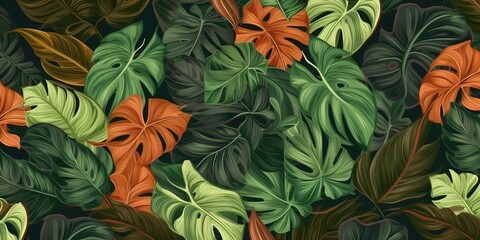 Green plant leaves background floral tropical Fashionable seamless tropical pattern with bright plants and leaves on a brown background.