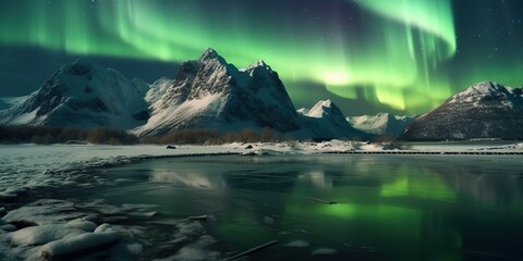 Green northern lights above mountains. Night sky with polar lights. Night winter landscape with aurora and reflection on the water surface