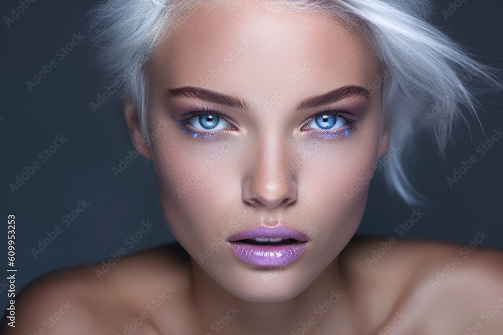 Poster a captivating visage of cobalt eyes rosetinted lips and a dusting of pixielike features.. ai generat