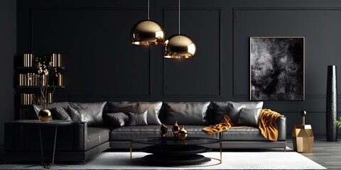 Home interior, modern dark living room interior, black empty wall mock up,