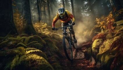 Extreme bike rider on a road in a forest