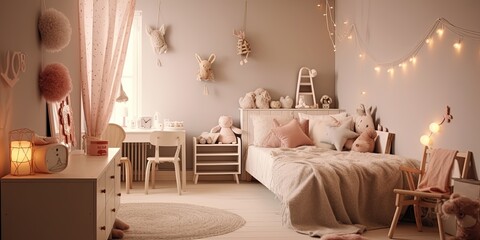 Kids bedroom in light colors. Cozy kids room interior, scandinavian nordic design with light garlands and soft pillows