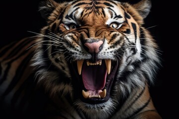 close up of a tiger with its mouth open against a black background
