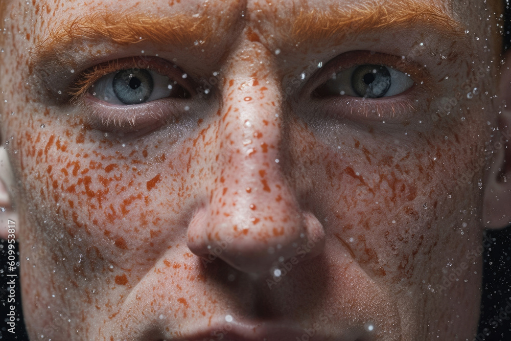 Poster a hypnotic macrocosm of glistening sweat and intricate freckles.. ai generation