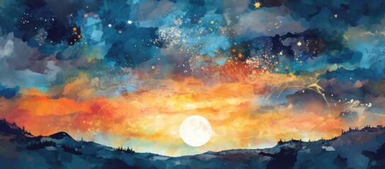 Painting of a sky with an array of colors stars and moon. Watercolor digital artwork 